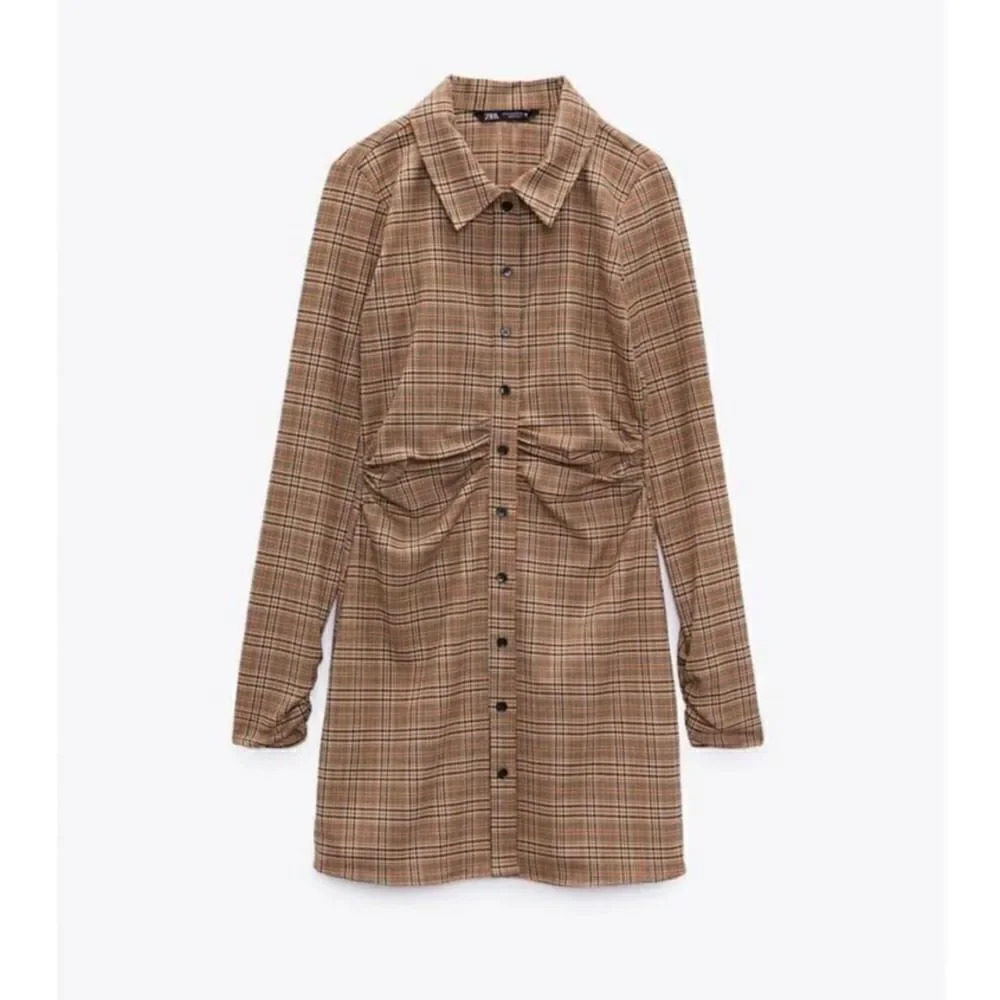 ZARA CHECK DRAPED BUTTONED DRESS NEW KHAKI